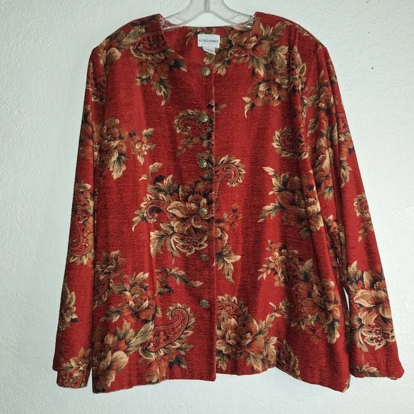 VINTAGE Alfred Dunner Textured Granny Couch Fabric Blazer Red Paisley Sz 18 - Picture 1 of 9
